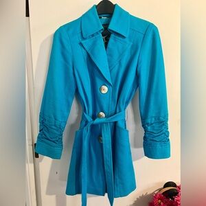 Turquoise Blue Dress Coat with Pockets and Tie Belt Size 6